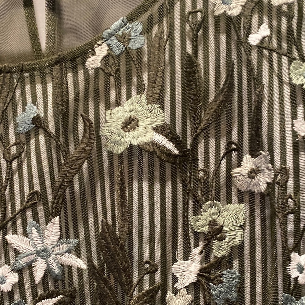 Plus Size Embroidered Sheer Blouse 1X Olive Floral Mesh Top Boho Romantic Layer - Picture 3 of 6